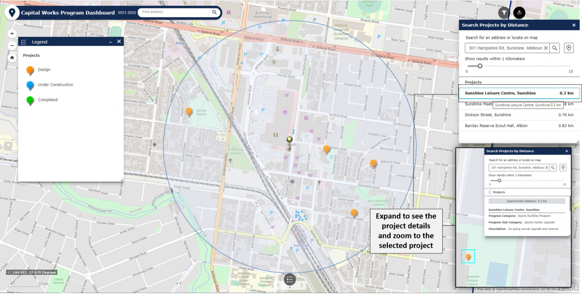 Interactive map highlighting Capital Works Program and the stage they are at - Design, Under Construction or Completed - Shows pop up on how to filter by distance