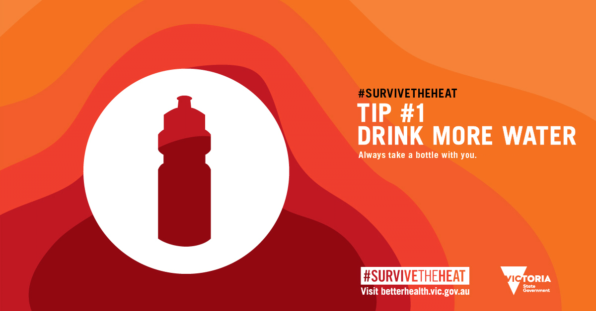 Survive the heat poster of tip 1 to drink more water