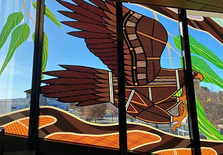 Bunjil the eagle featured in the mural on Chamber window