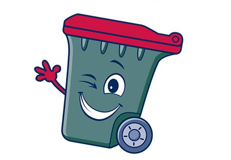 Smiling cartoon bin with red lid