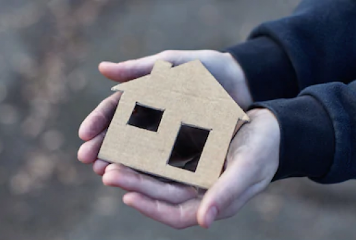 hands holding a house shaped wooden object
