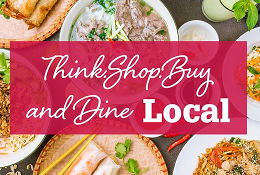 Image of various food dishes with think, shop, buy and dine local written