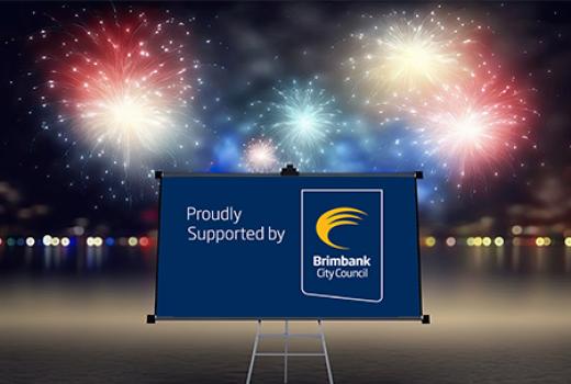 Night sky with fireworks with a notice board in front with Proudly supported by Brimbank Council logo