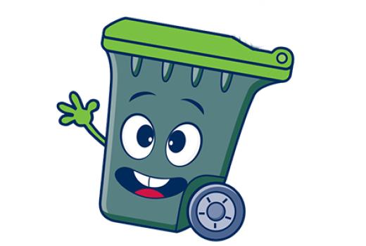 Smiling cartoon bin with green lid