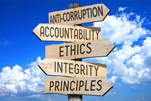 Directional signpost with pointers to Anticorruption, Accountability, Ethics, Integrity, Principles