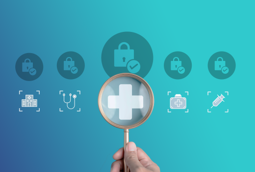 Health cross under a magnifying glass with other health icons and security padlock and tick above each