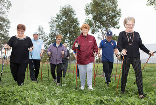 Group of seniors with walking poles in grassed area