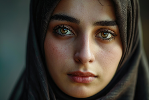 Close up on the face of a sad Middle Eastern girl in hijab 